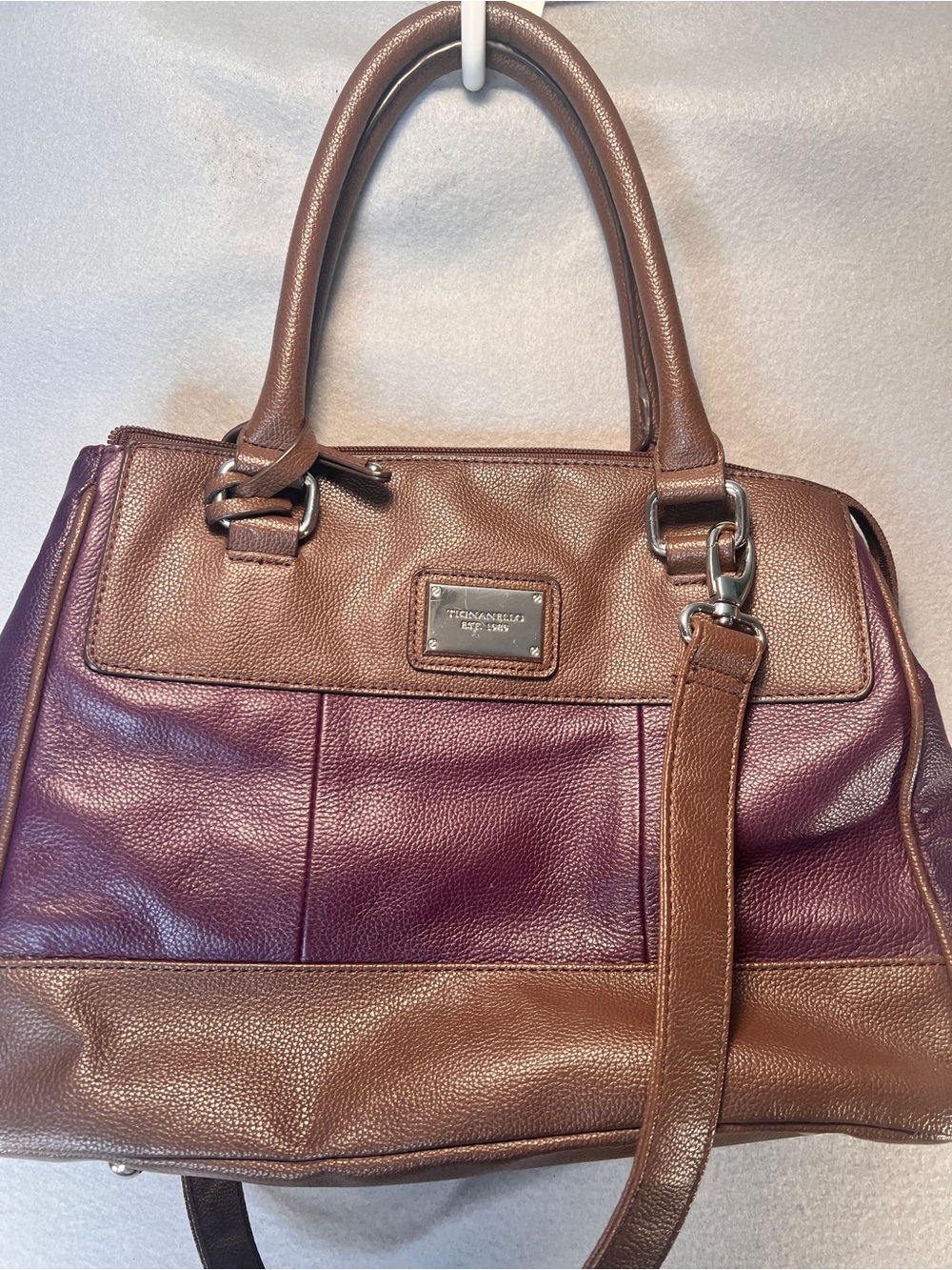 Tiganello Brown Plum Satchel Purse Handbag Faux Leather Pebbled Quiet Luxury